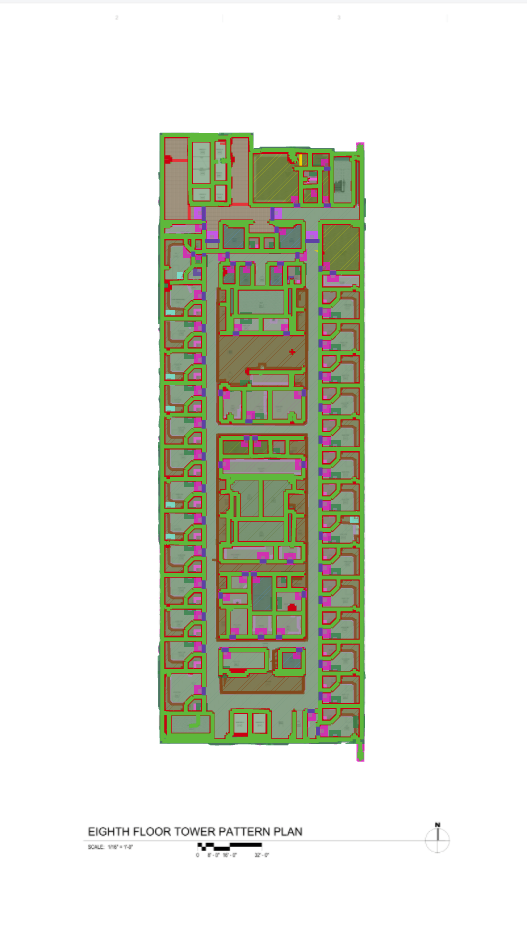 Architectural pattern plan of the eighth floor tower showing various levels, rooms, and structural details with our takeoffs color coded to easily decipher what scopes are what.