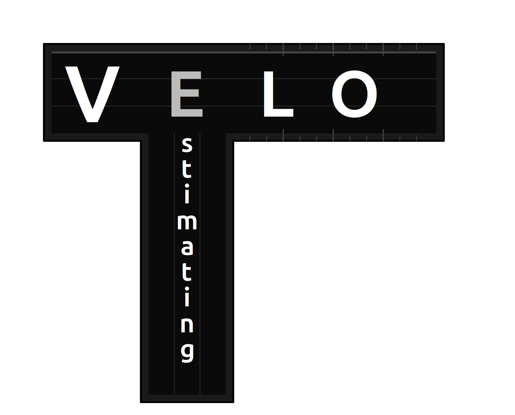 A sign with the word 'VELO' at the top and the words 'Estimating' written vertically underneath in a black background. We chose the word VELO because we turn around takeoffs with velocity using the latest AI takeoff software.