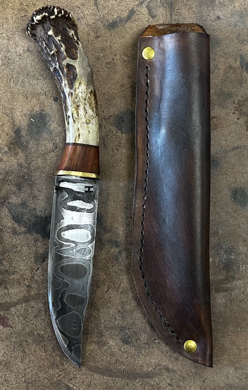 Damascus Bowie with antler & cocobolo wood handle
