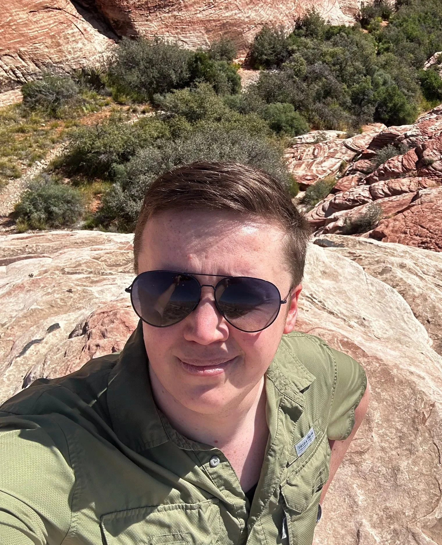 A person wearing sunglasses and a green shirt taking a selfie on a rocky surface with a desert landscape and green bushes in the background.