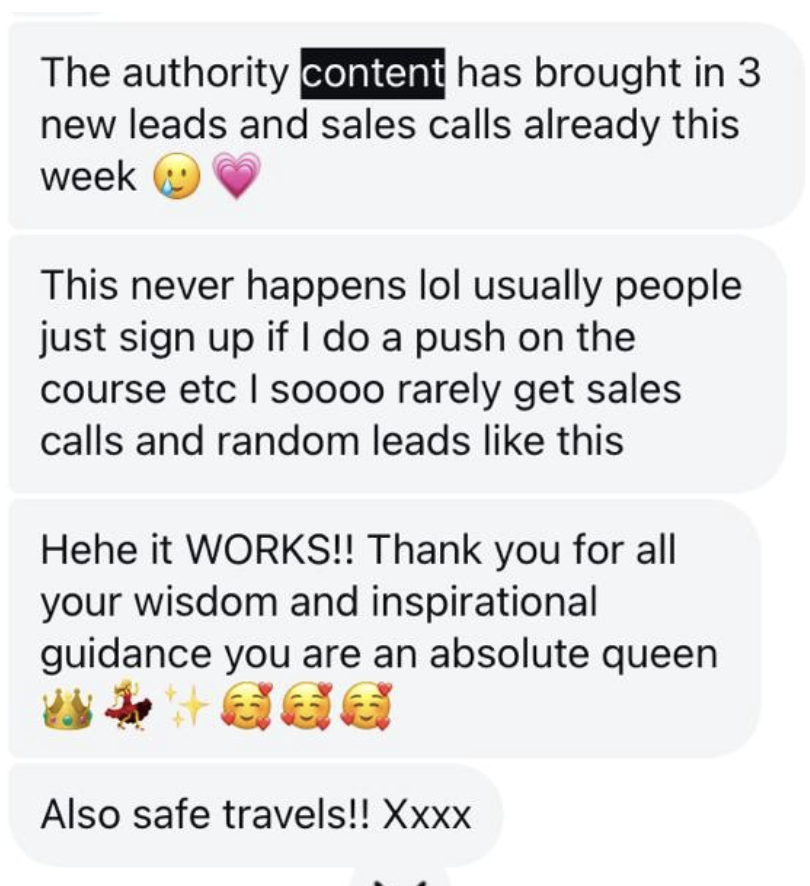 Screenshots of a text conversation praising a method for generating leads and sales, expressing gratitude, and offering well wishes for travel safety, including emojis.