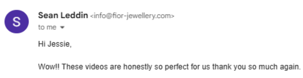 Screenshot of an email from Sean Leddin to Jessie expressing gratitude for perfect videos.