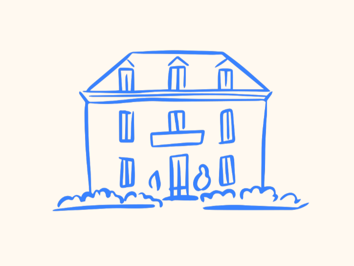 A simple blue sketch of a three-story house with a sloped roof, multiple windows, a front door, and bushes in front.