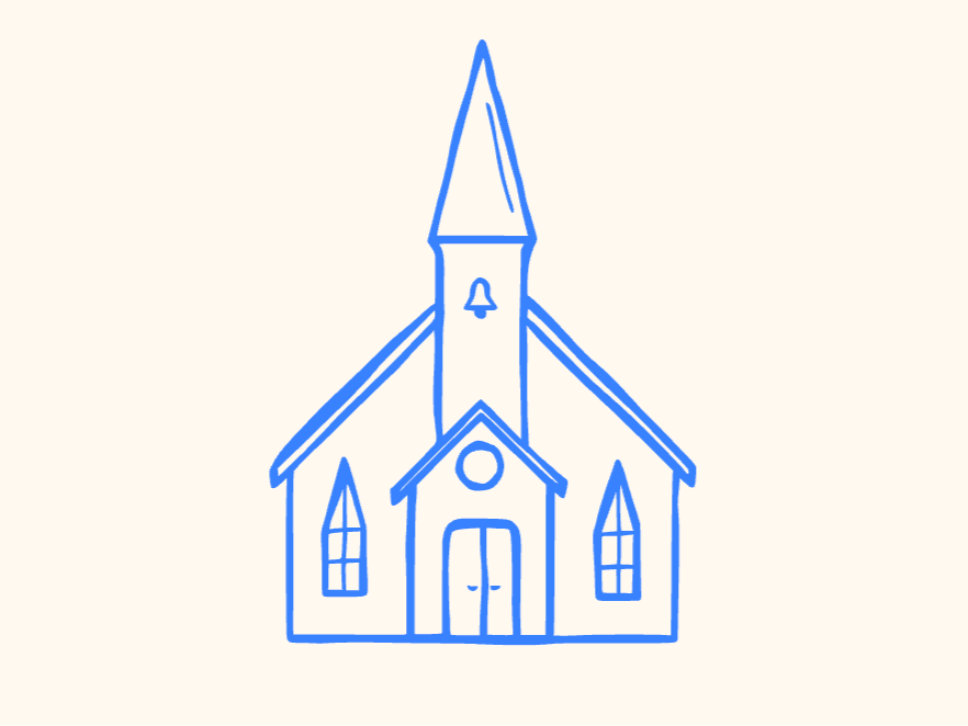 Line drawing of a church with a steeple, arched doors, and tall windows.