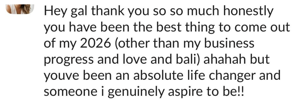 Text message expressing appreciation and admiration for a friend's positive influence and life changes in 2026.