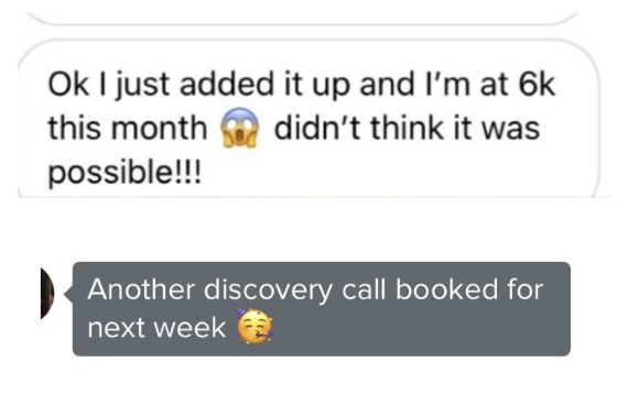 Text message conversations discussing reaching 6,000 this month and a booked discovery call for next week with emojis expressing excitement.