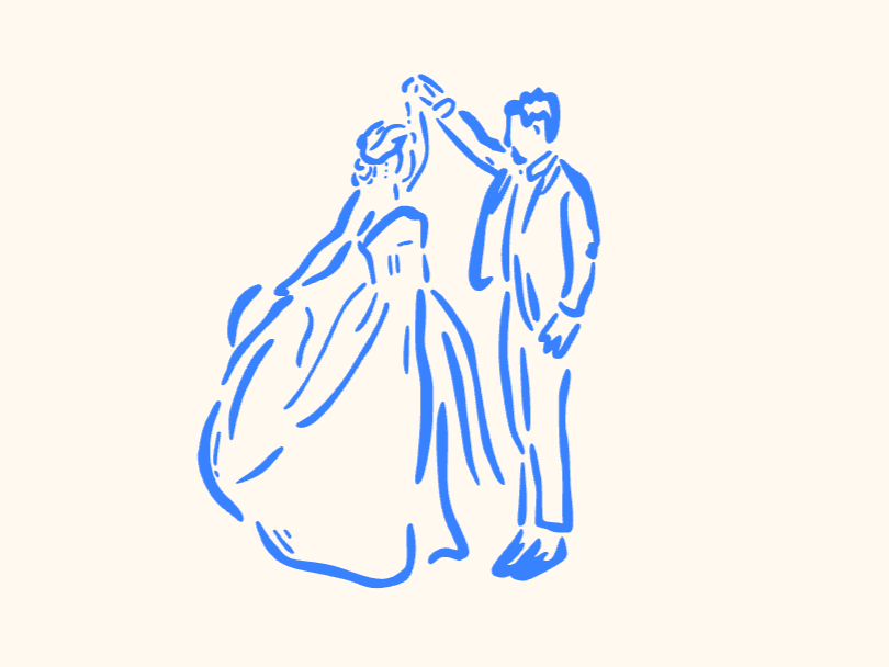 Line drawing of a couple dancing, with the woman in a long dress and the man in a suit, holding hands and dancing together.