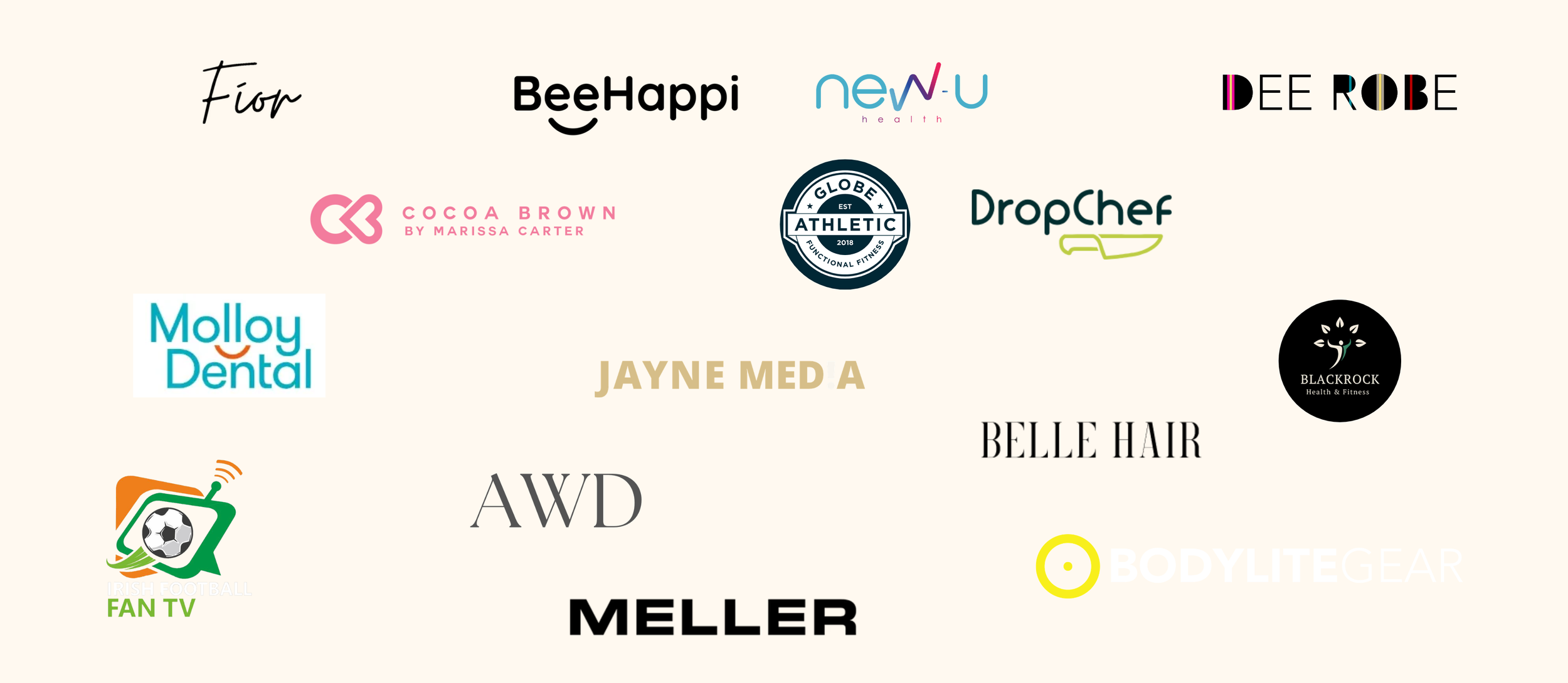 A collection of various business logos on a beige background.