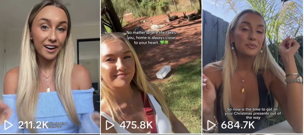 Collage of three images featuring a young blonde woman with long hair, speaking in different outdoor and indoor settings. Video like icons and engagement numbers are visible.