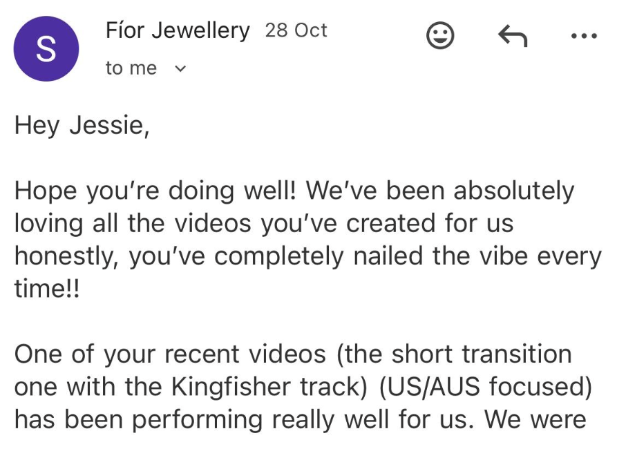 Screenshot of an email from Fior Jewelry addressed to Jessie, praising their videos and mentioning a specific video with a Kingfisher track.