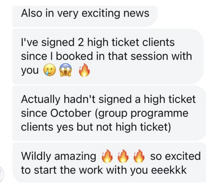 Screenshot of a text conversation discussing signing high ticket clients and expressing excitement with fire emojis.