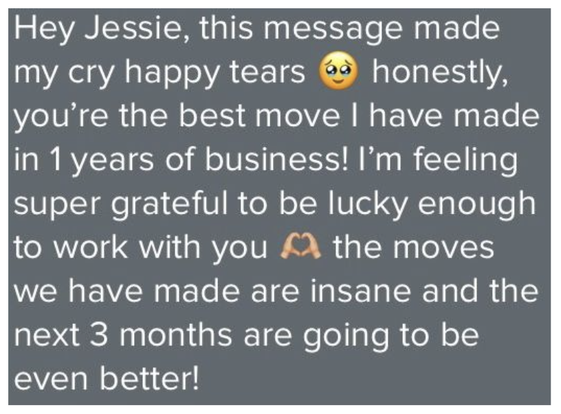 Screenshot of a heartfelt message expressing gratitude and excitement about a successful year and upcoming plans, with emojis of a tearful face and a heart.