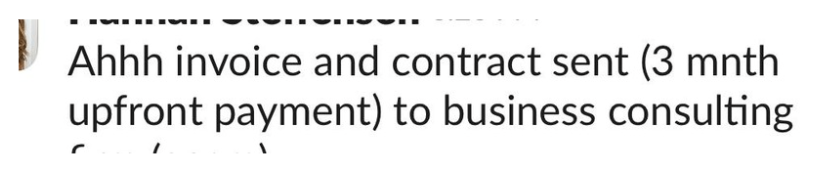 Screenshot of a text message or email discussing an invoice and contract sent as a 3-month upfront payment to a business consulting service.