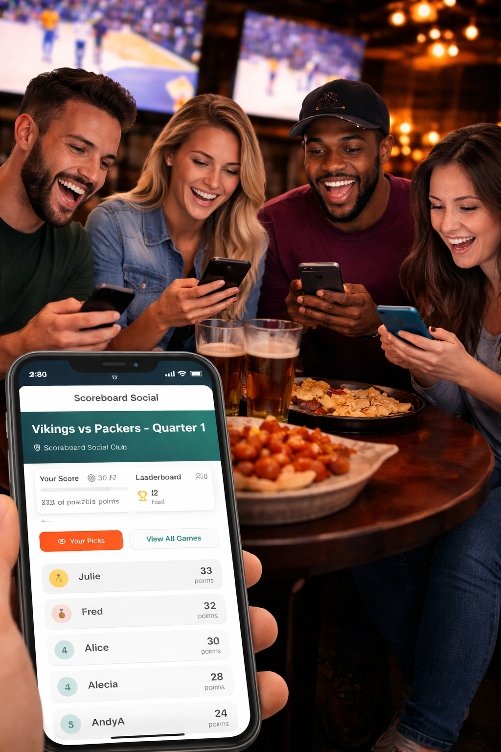 A group of five friends enjoying a night out at a bar, checking their Scoreboard Social answers and smiling. There are two glasses of beer and a pizza on the table. In the foreground, a phone screen shows the leaderboard.