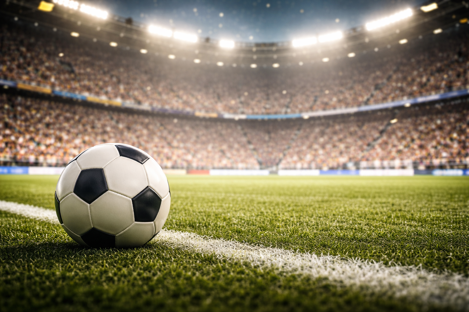 Soccer ball on a grassy field in a stadium filled with spectators, under bright lights