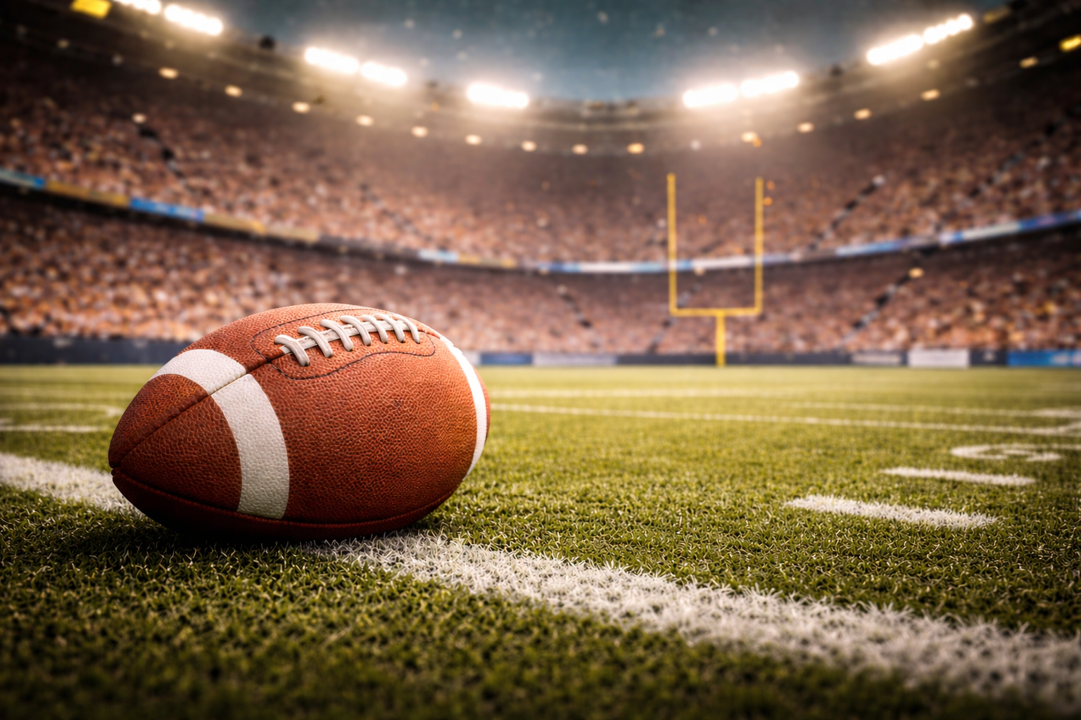 Football placed on the field of an American football stadium with a crowd in the background.