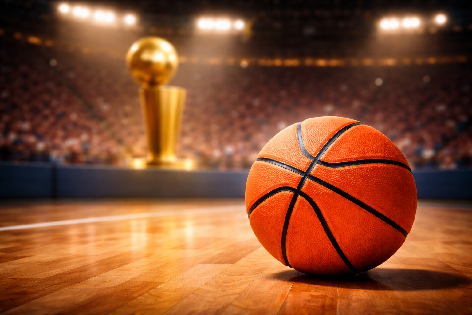Close-up of a basketball on a wooden court with a blurred crowd and trophy in the background.