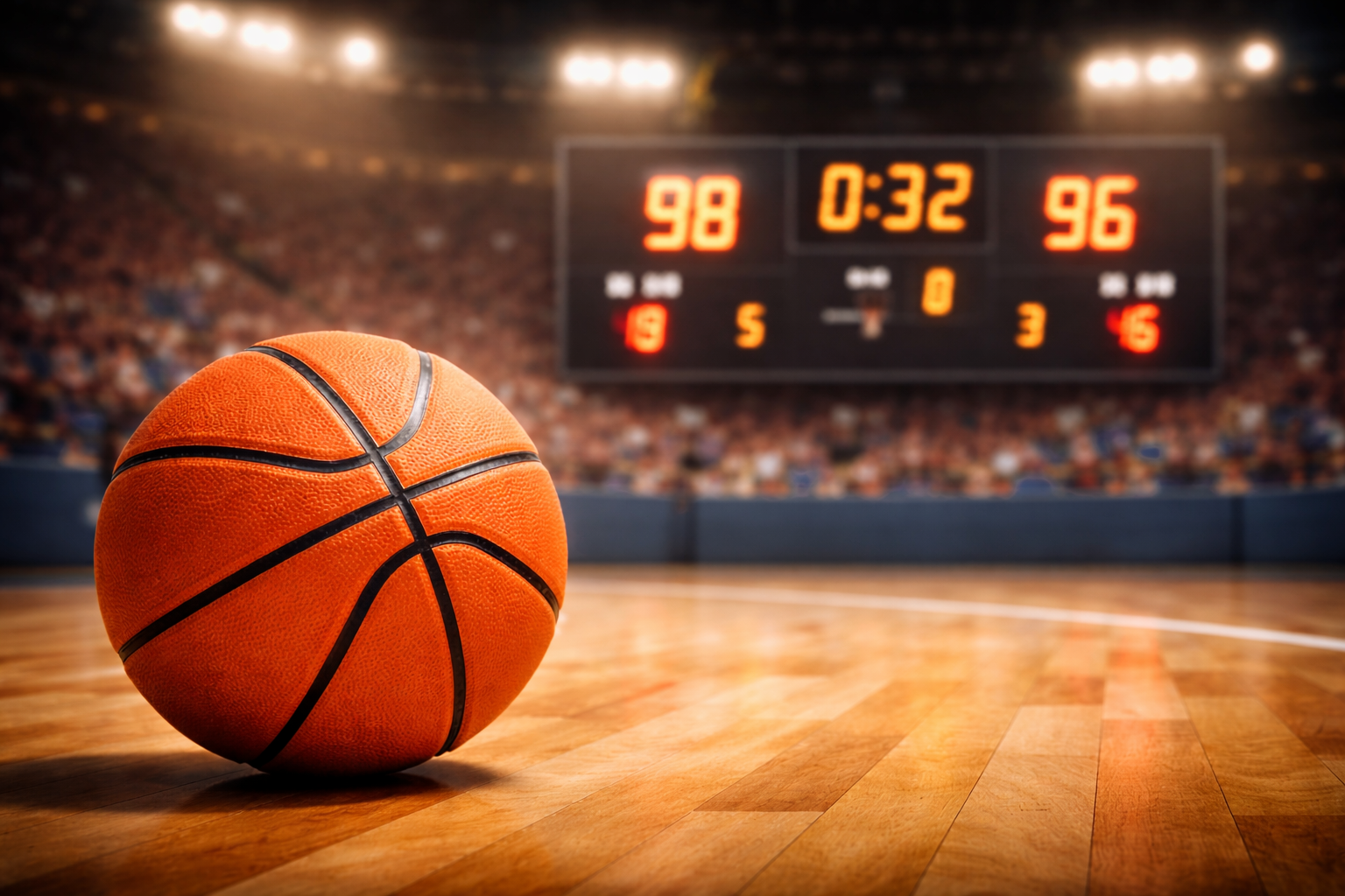 Basketball on court with scoreboard showing 98-96, 32 seconds left in game.