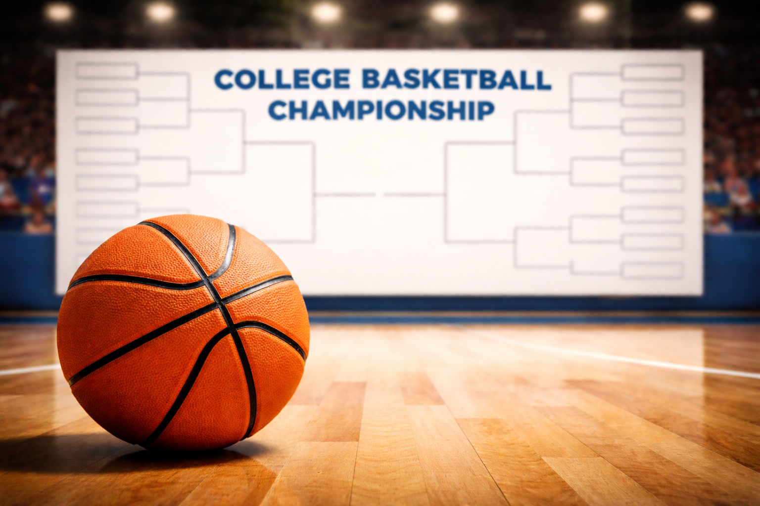 An orange basketball on a wooden court with a college basketball championship bracket in the background.