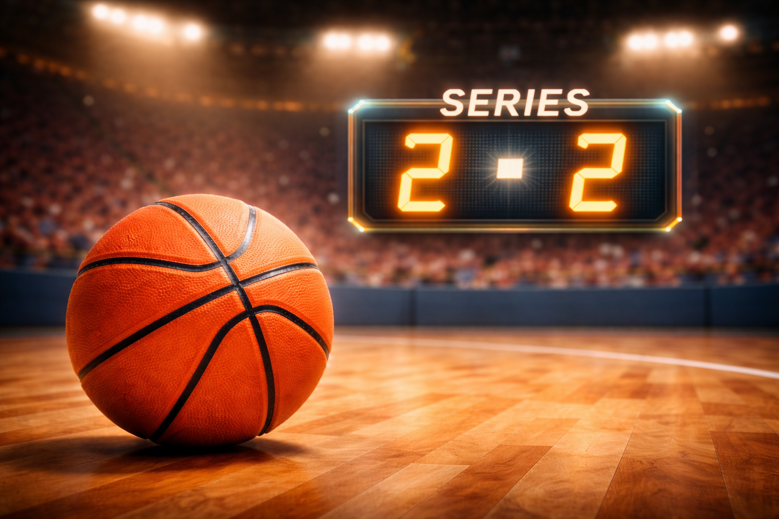 Basketball on a court with digital scoreboard showing 2-2 in series.