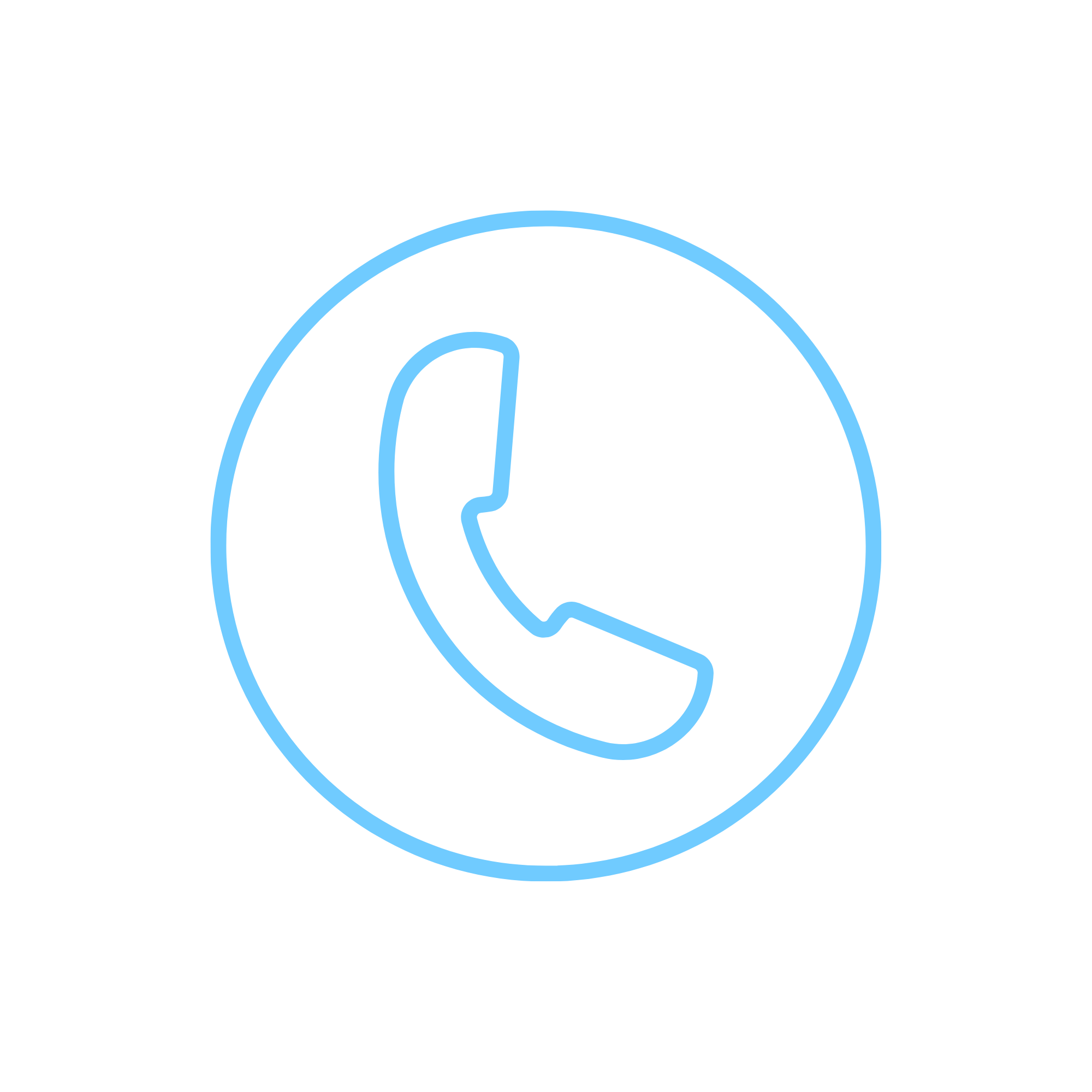 Neon outline of a telephone receiver inside a circle, glowing blue on a black background.