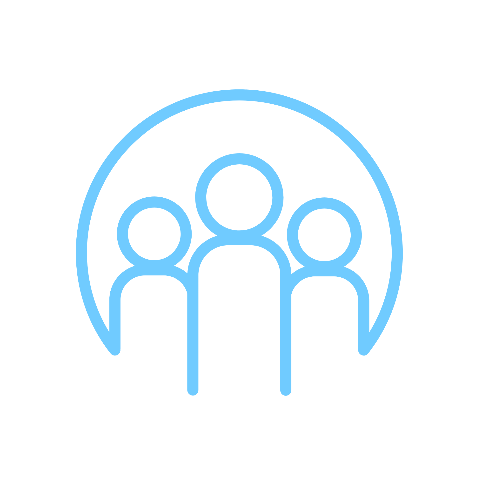 Outline of three people under a circular arch in blue on a black background.