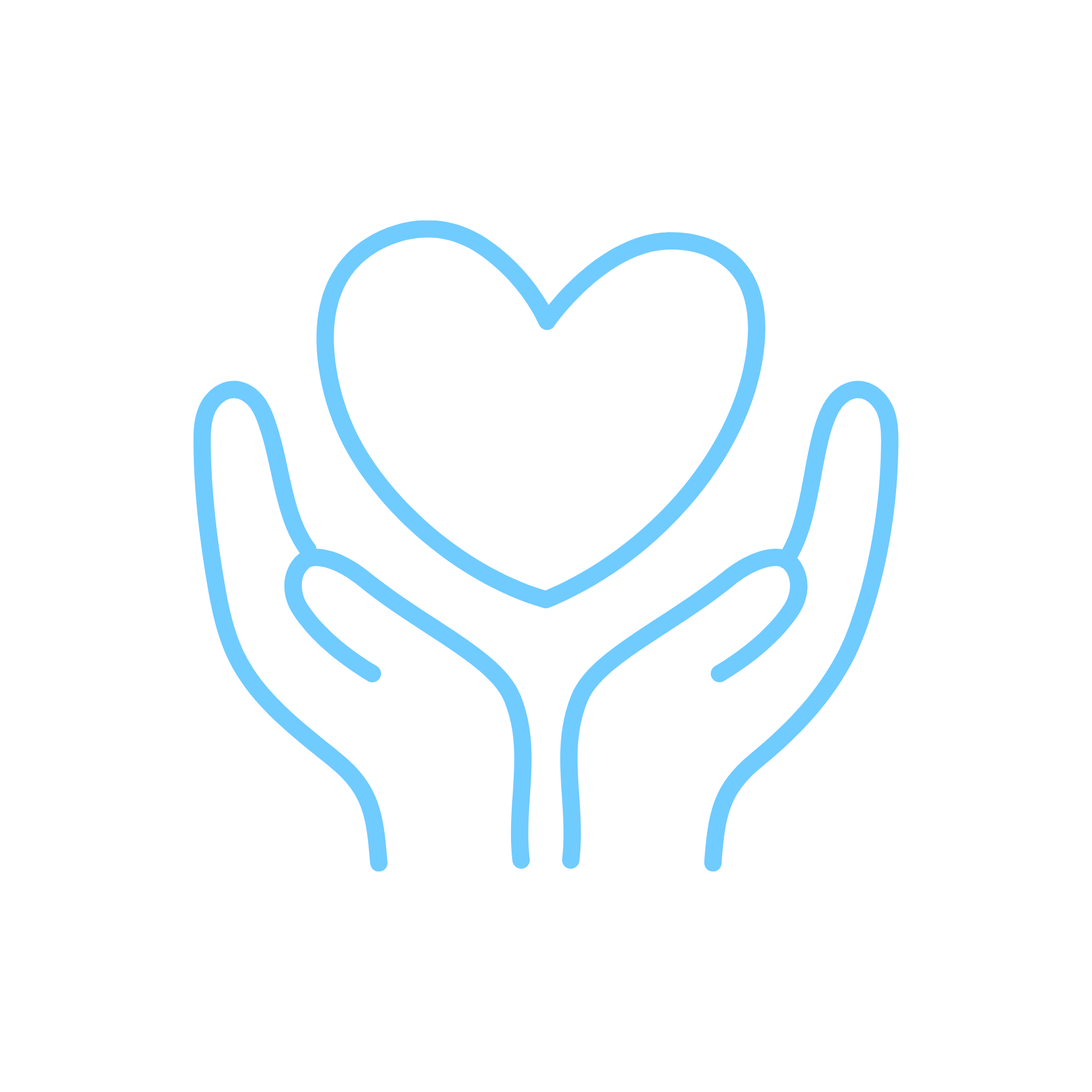 Neon blue outline of two hands holding a heart on a black background.