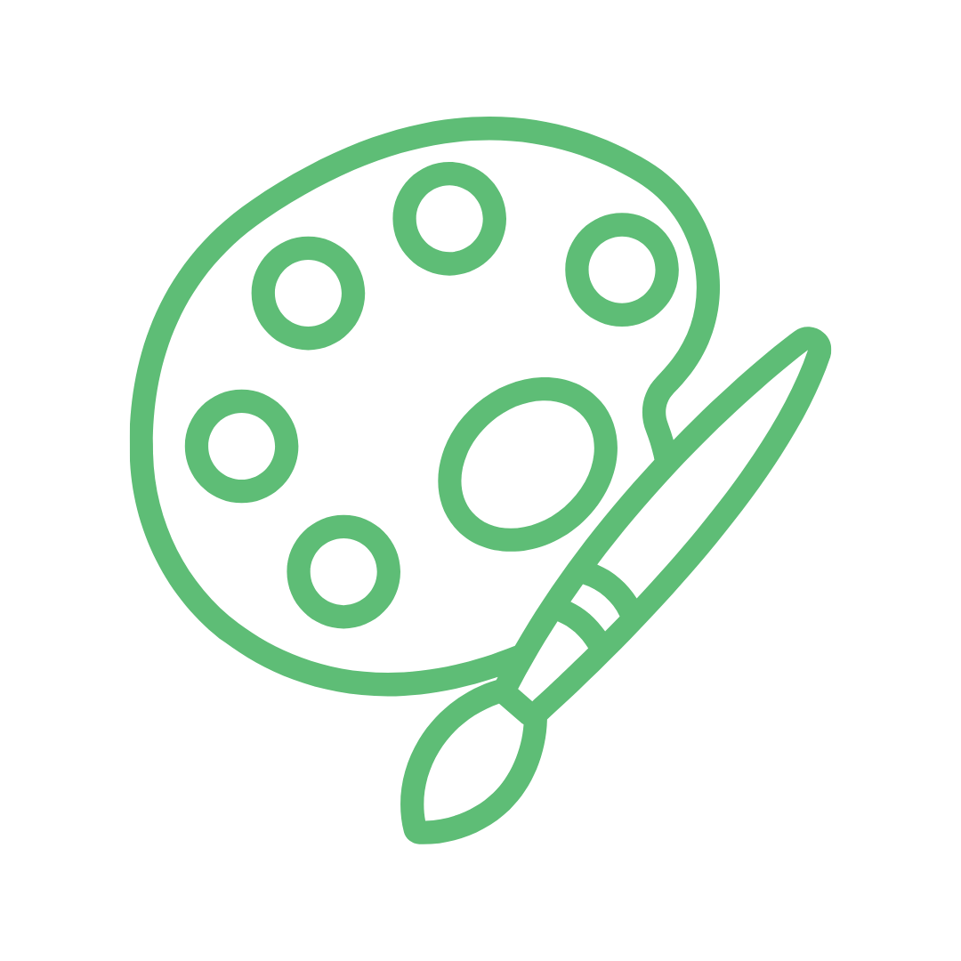 Green outline of an artist's paint palette with circular wells and a paintbrush.