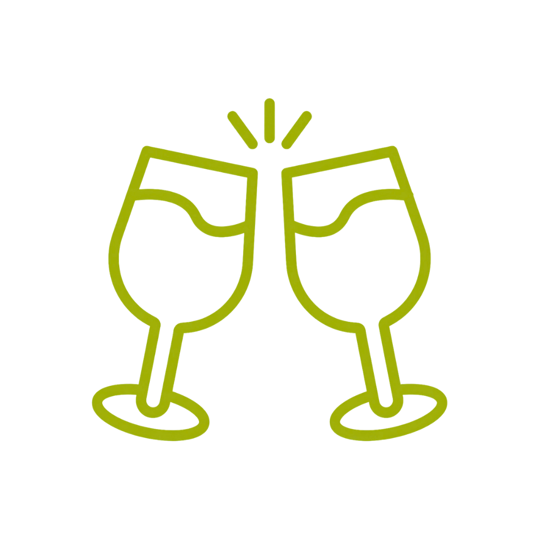 Line art illustration of two clinking champagne glasses with sparkles above them, in green on a black background.