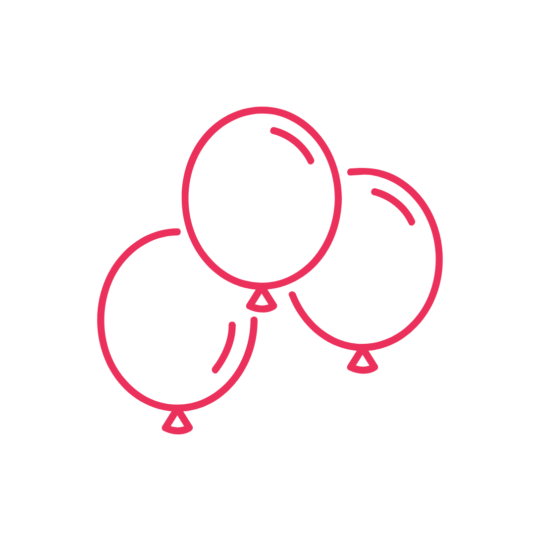 Line drawing of three balloons grouped together, outlined in pink on a black background.