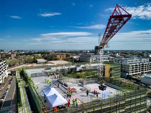 Aerial drone photography of crane topping out ceremony Sydney NSW — Batuti Photos