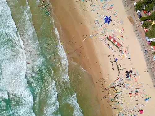 Aerial drone photography of surf carnival craft on Manly Beach Sydney NSW — Batuti Photos