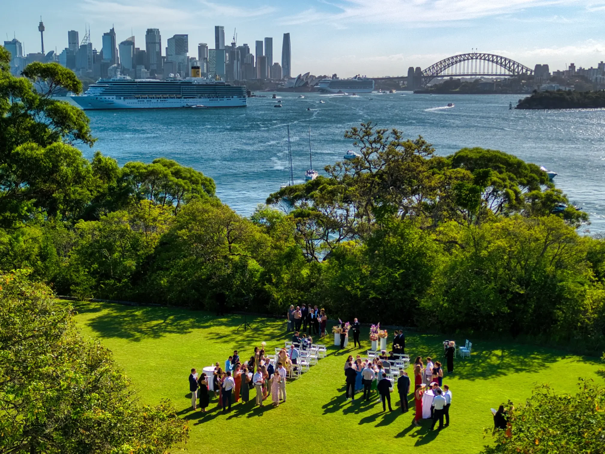 Drone aerial view of wedding ceremony at Athol Hall Sydney