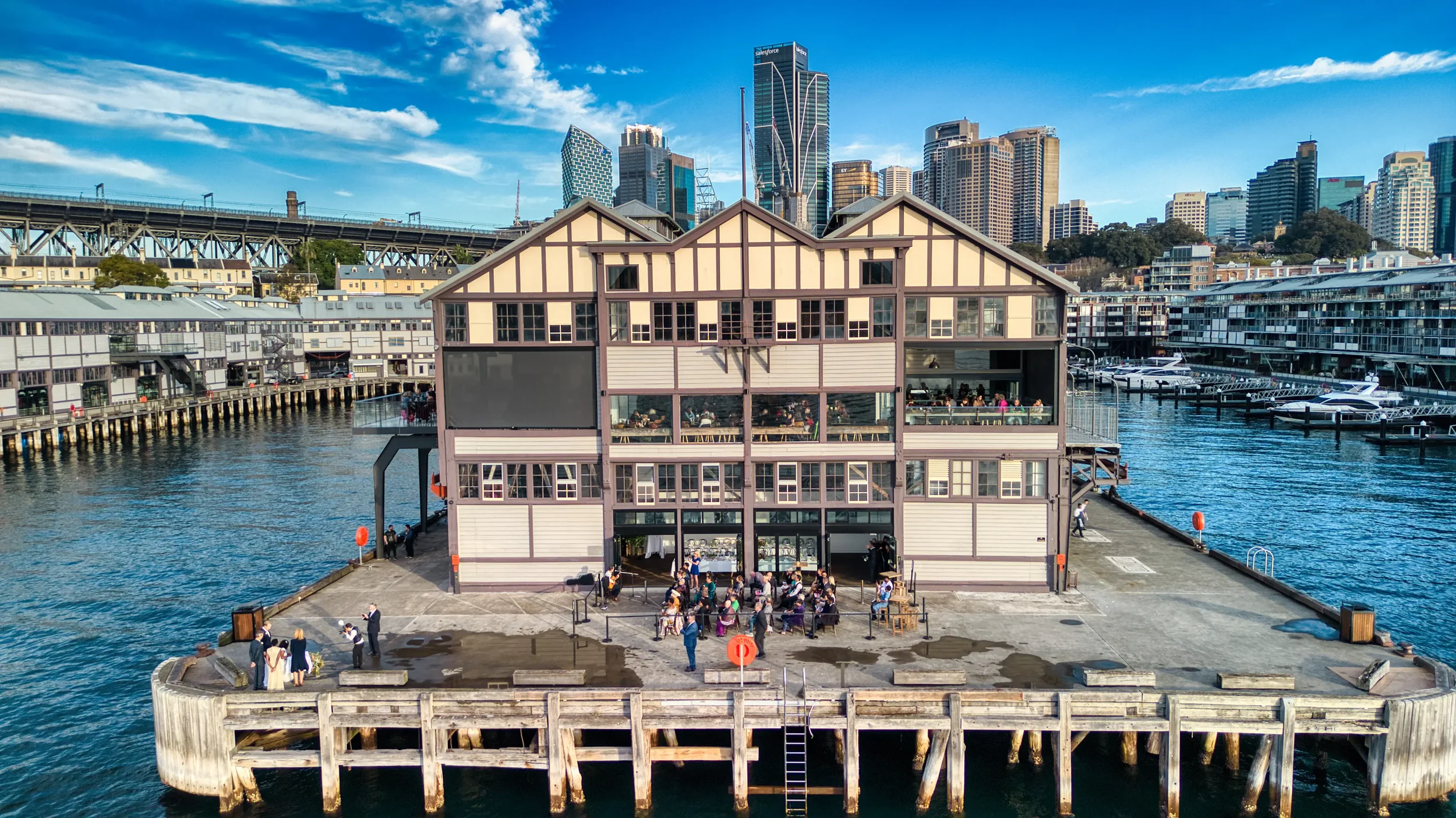 Drone aerial view of wedding ceremony at Walsh Bay Sydney