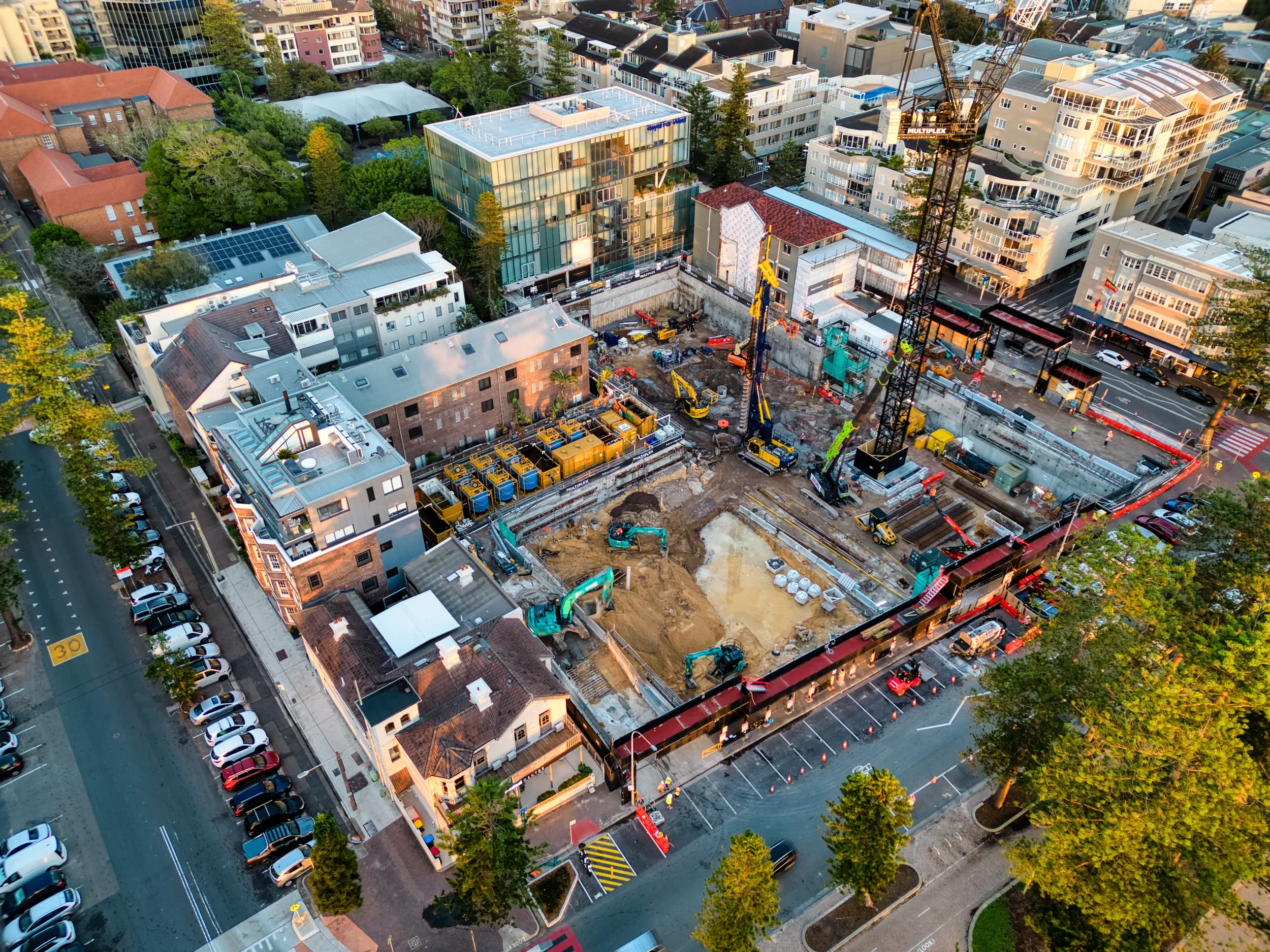 Drone aerial view of construction site at Manly Beach Sydney