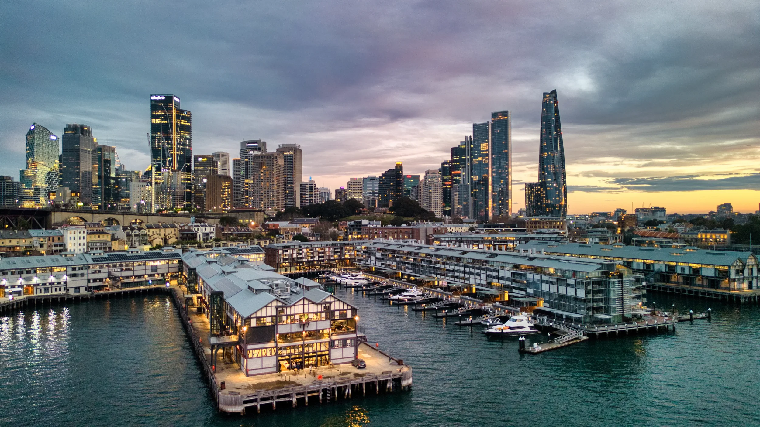 Drone aerial view of wedding location at Walsh Bay Sydney