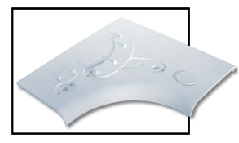 A silver steel curved plate with embossed design elements.