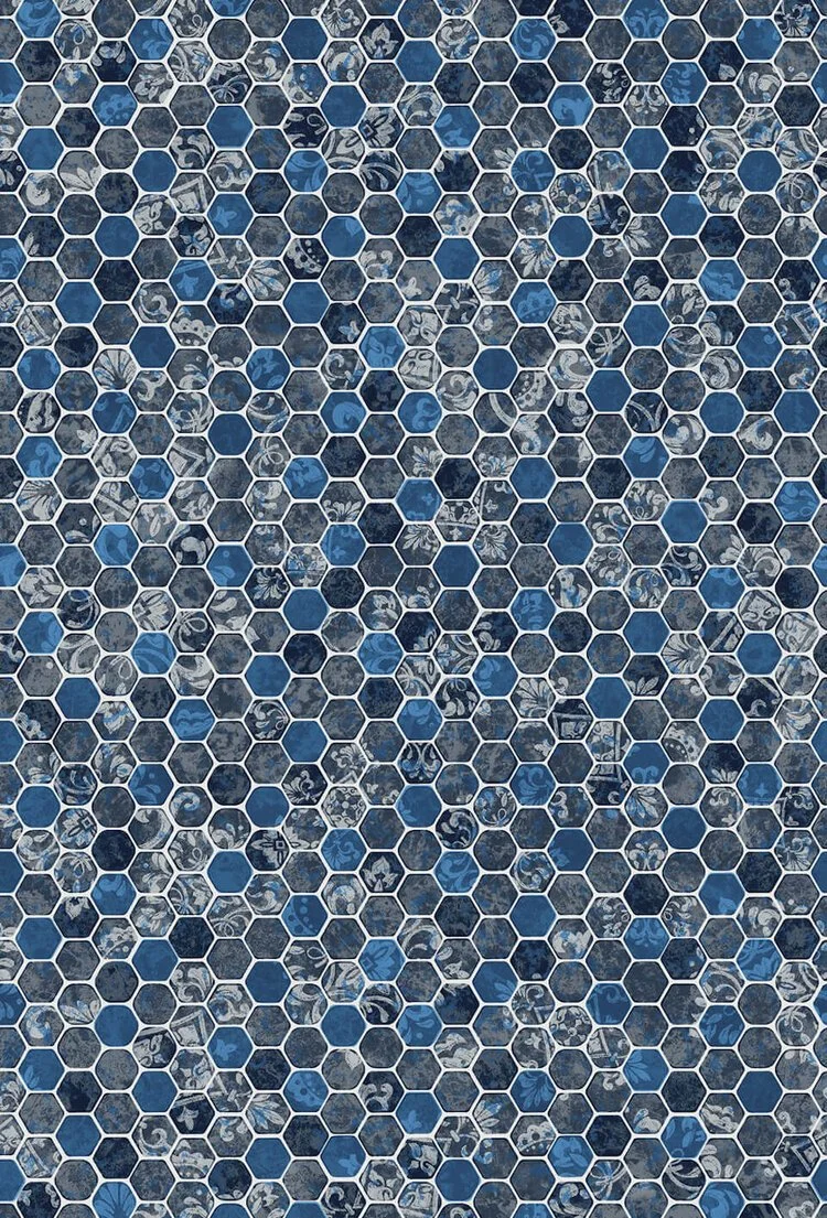 Close-up of a mosaic composed of small hexagonal tiles in shades of blue and gray, with some tiles featuring floral and intricate patterns.