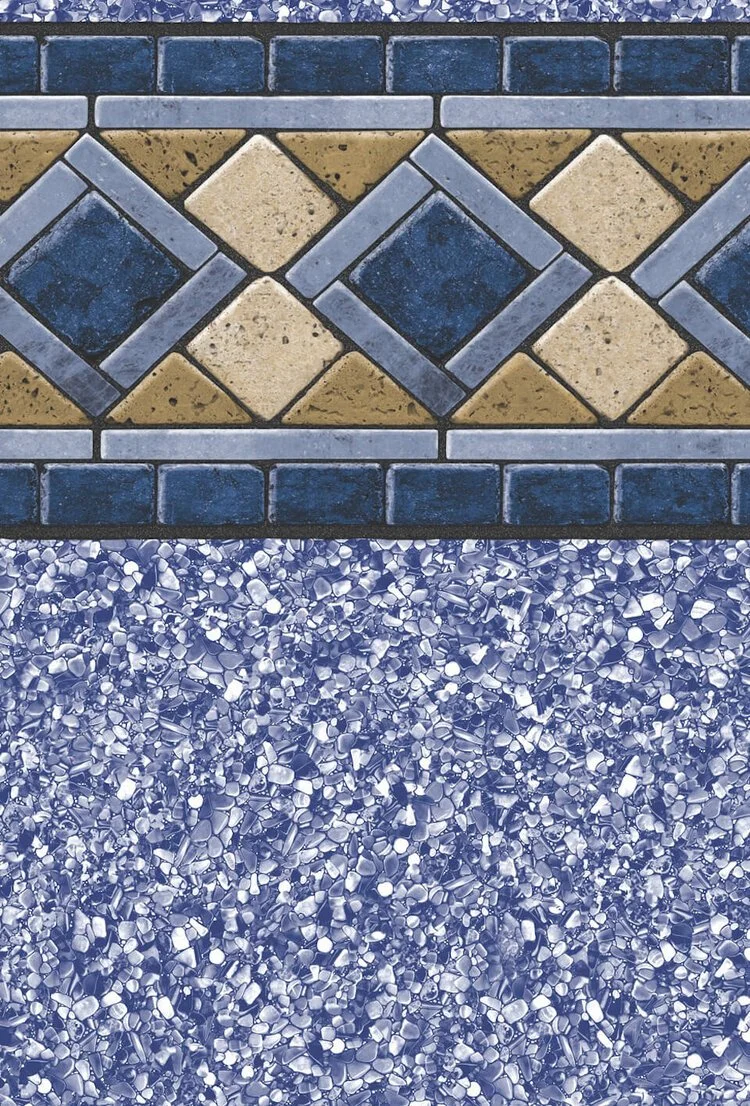 Close-up view of a patterned tiled border above a surface covered in small, irregularly shaped gravel stones.