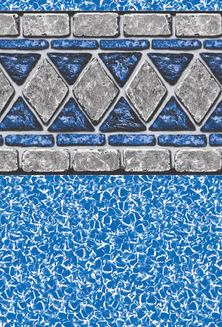 Close-up of a wall with textured blue and gray decorative tiles, including bricks, patterned ceramic tiles, and mosaic tiles.