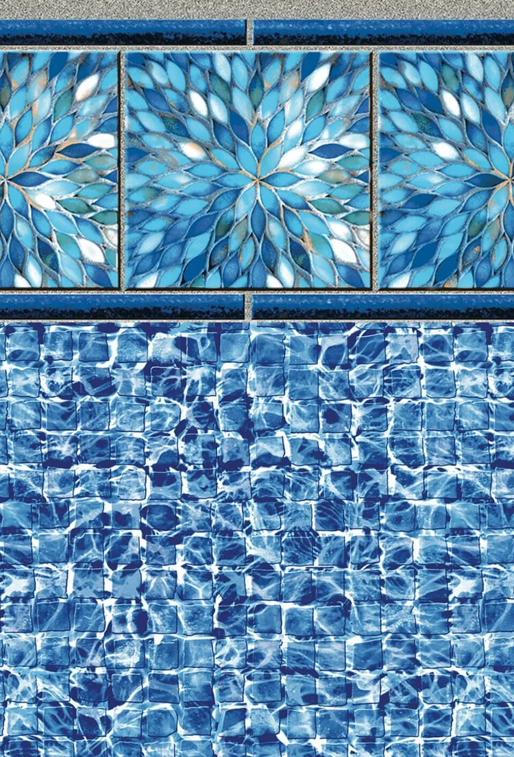 Close-up of a mosaic tile design with blue and white petal-shaped tiles above a blue tiled swimming pool.