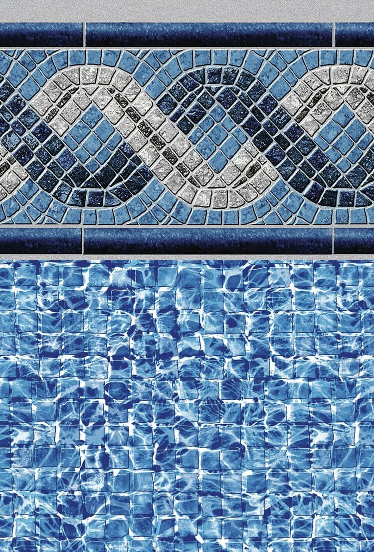 Close-up of a mosaic tile decoration above a swimming pool with blue water.