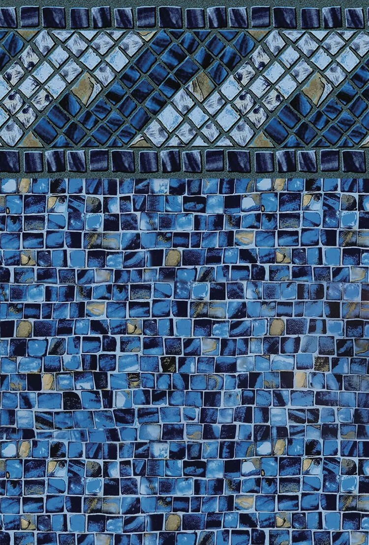 Close-up view of a mosaic wall with blue, black, and beige tiles arranged in different patterns.