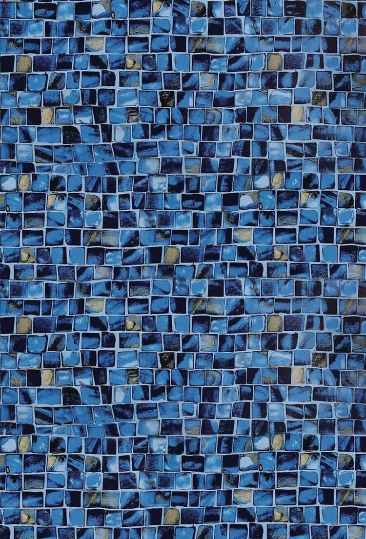 Close-up view of a mosaic tiled wall with small square tiles in various shades of blue and black.