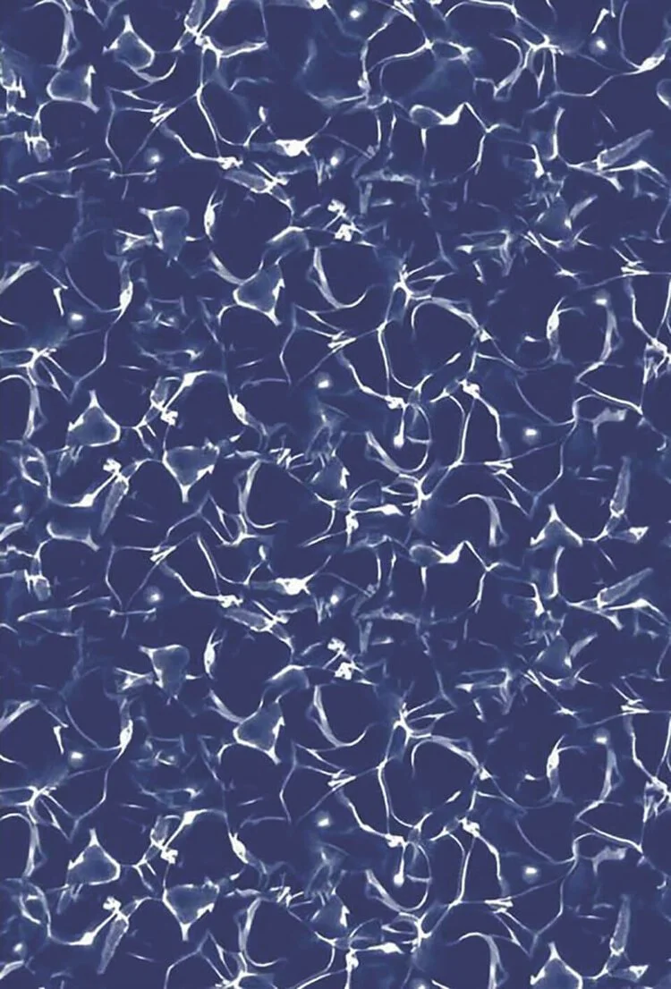 Close-up of water ripples and reflections on the surface of a dark blue pool.