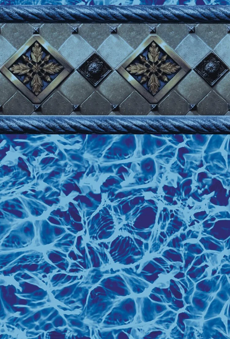 Close-up of a tiled surface with decorative black and gold floral pattern, separated by a thick, twisted rope border, above a swirling blue water surface.