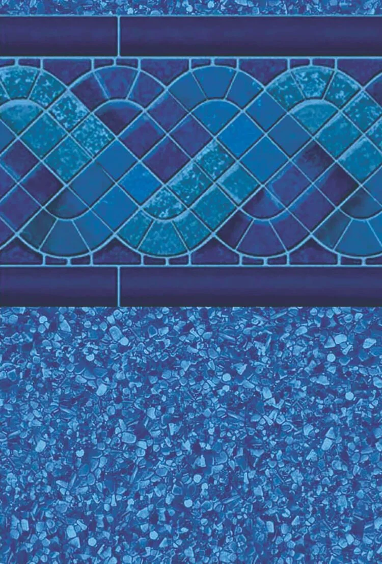A close-up of a blue tiled surface with a decorative pattern, with a textured pebble-like blue surface underneath.