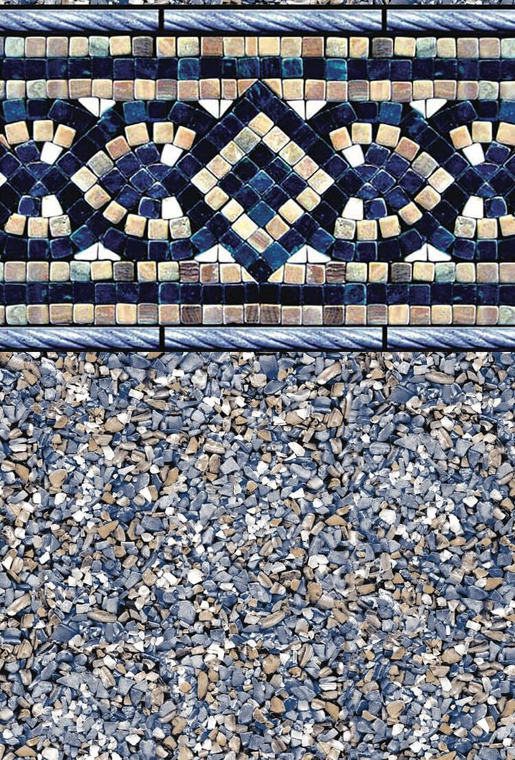 Close-up of decorative wall tile with blue and beige mosaic pattern and gravel ground.