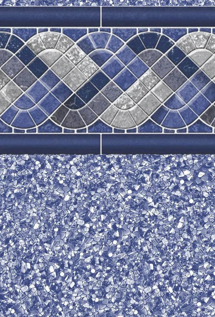 Close-up of decorative blue tile wall with geometric and wave patterns, above a textured surface of small, irregular mosaic stones.