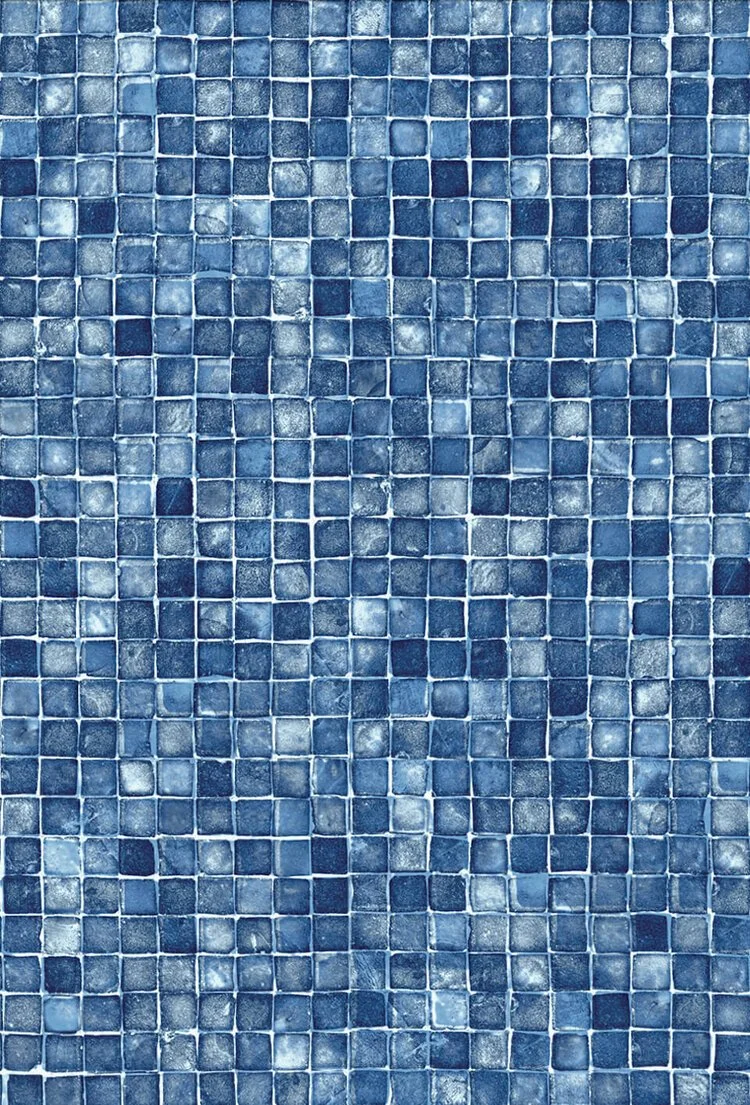 Close-up of blue mosaic tile wall with small square tiles.